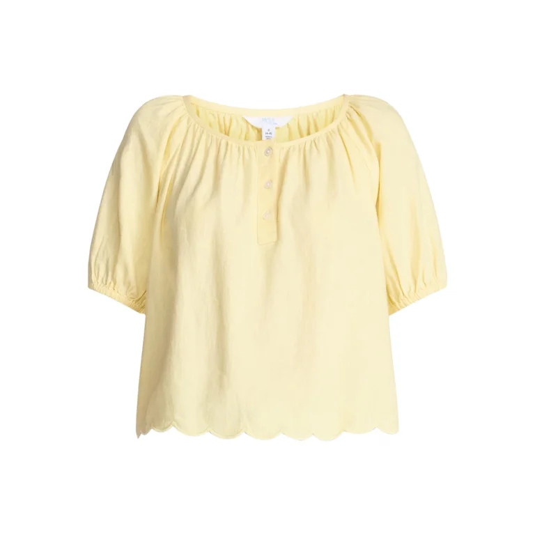 Time and Tru Women's Linen Blend Blouse with Scalloped Hem, Sizes XS-XXXL | Walmart (US)