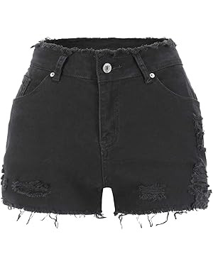 THUNDER STAR Ripped Jean Shorts for Women Mid Rise Frayed Raw Hem Stretchy Denim Shorts | Amazon (US)
