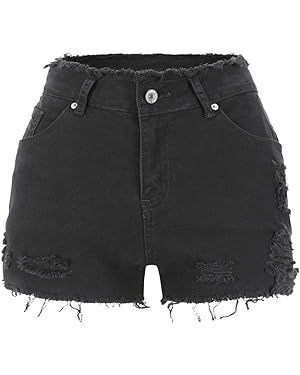 THUNDER STAR Ripped Jean Shorts for Women Mid Rise Frayed Raw Hem Stretchy Denim Shorts | Amazon (US)