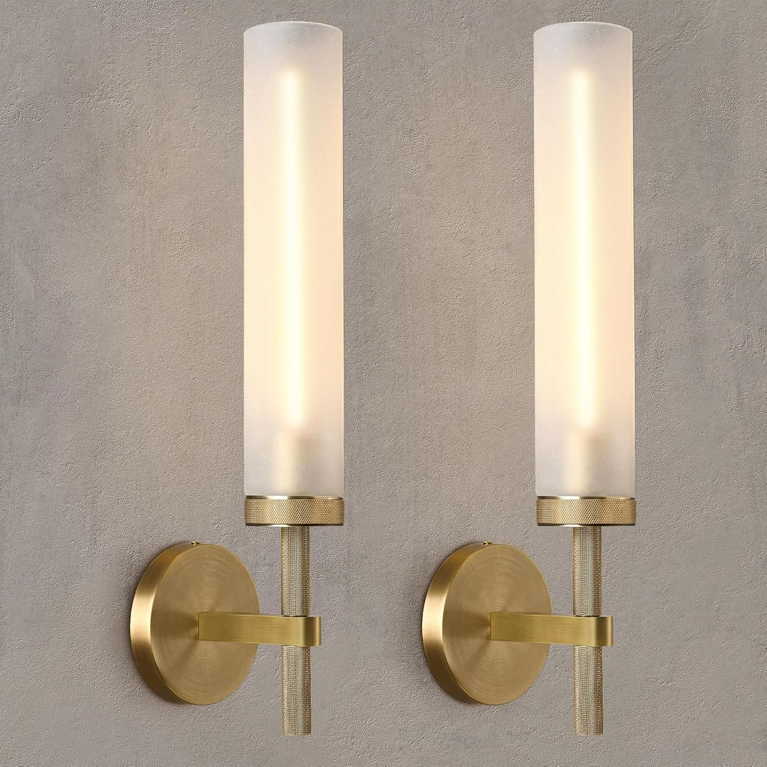 20'' Knurled Brass Bathroom Wall Sconces Set of 2,Premium Frosted Glass Tube Hardwired Vanity Lights, Modern Handmade Wall Lighting for Mirror, Bedroom, Hallway &Living Room,Staircases | Amazon (US)