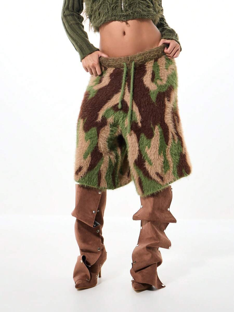 SUMWON WOMEN Oversized Fuzzy Knit Camo Print Baggy Wide Leg Drawstring Culotte Shorts Winter Fest... | SHEIN