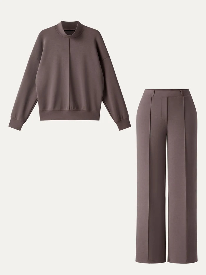 2Pcs Set Mockneck Pullover Shirt & Mid Rise Straight Leg Pants with Pockets | OGLmove
