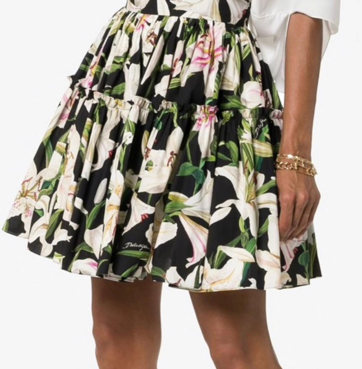 DOLCE&GABBANA White Black Floral Lily Midi Cotton Skirt A-line Ruffle 40IT UK8 S  | eBay | eBay US