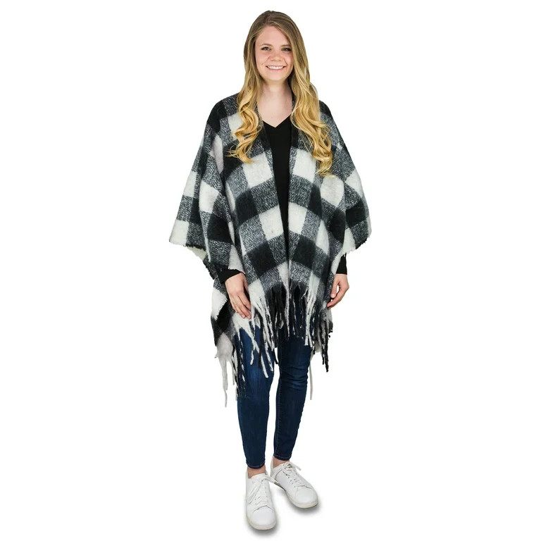 Time and Tru Women's Brushed Check Layering Piece with Fringe, One Size, Black | Walmart (US)