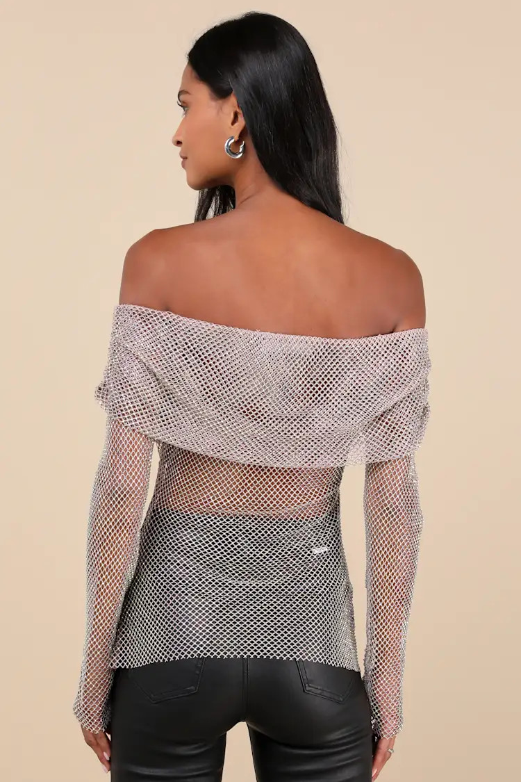 Diamante Grey Iridescent Sheer Mesh Off-the-Shoulder Top | Lulus