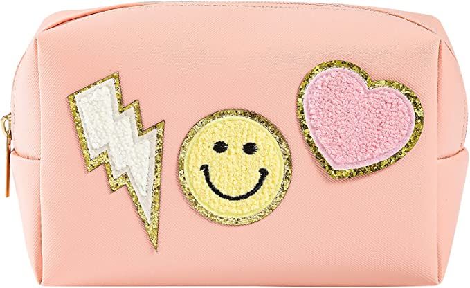 Preppy Patch Makeup Bag Leather Cosmetic Bag Small Makeup Pouch, Waterproof Travel Toiletry Organ... | Amazon (US)