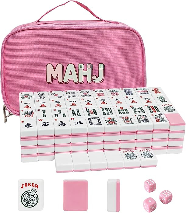 YAQUHO Pink American Mahjong Tile Set - 166 Mahjong Tiles 1.2-inch Engraved Mahjong Sets Cute, Portable Mahjong Game with Carrying Bag and 3 Dices, for Family Game Night | Amazon (US)