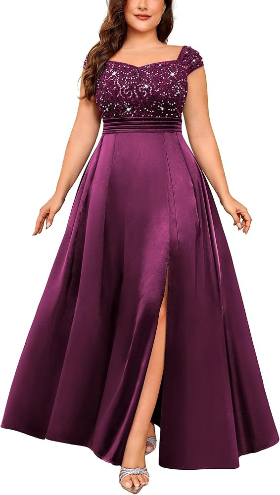 MISSMAY Women's Plus Size Sequin Lace Off Shoulder Satin Slit Formal Evening Party Maxi Dress | Amazon (US)