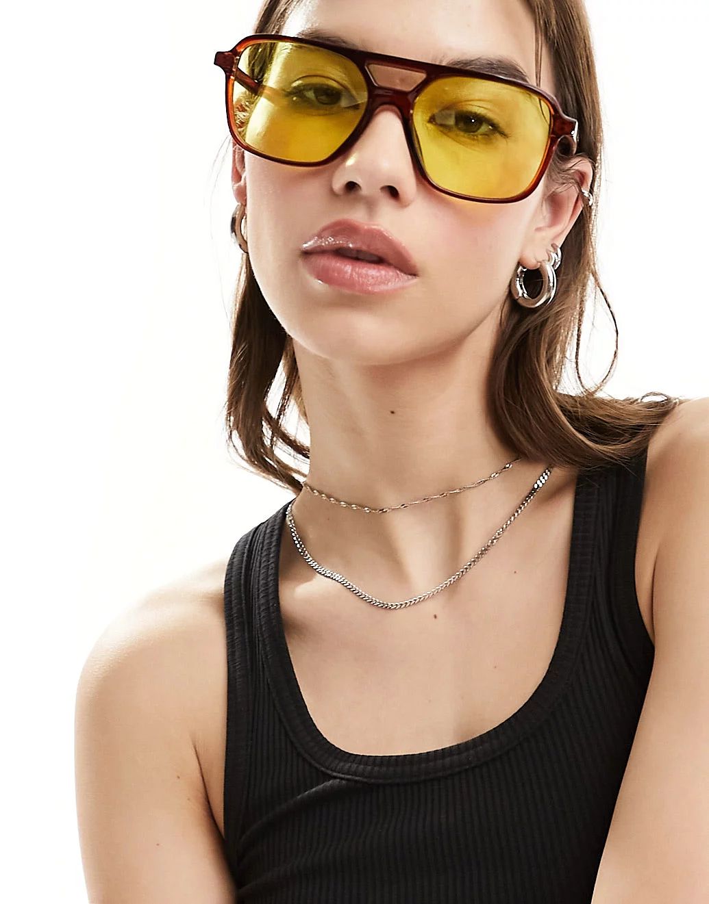 ASOS DESIGN fine frame aviator fashion glasses with yellow lens | ASOS (Global)