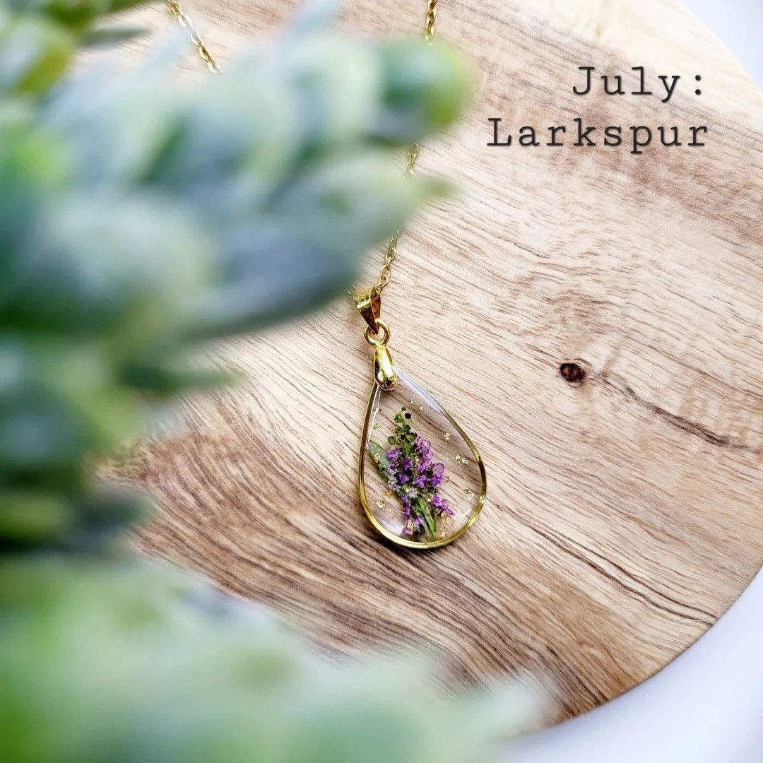 July birth flower necklace, Larkspur flower, Handmade Birth Month Real Flower Necklace, Personali... | Etsy (US)