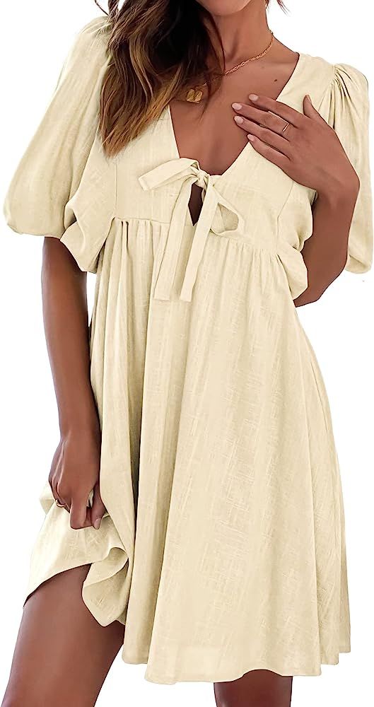Women's Casual Dresses 2023 Summer Dresses Lantern Sleeve Mini Dress Solid Color V Neck Tie Front... | Amazon (US)