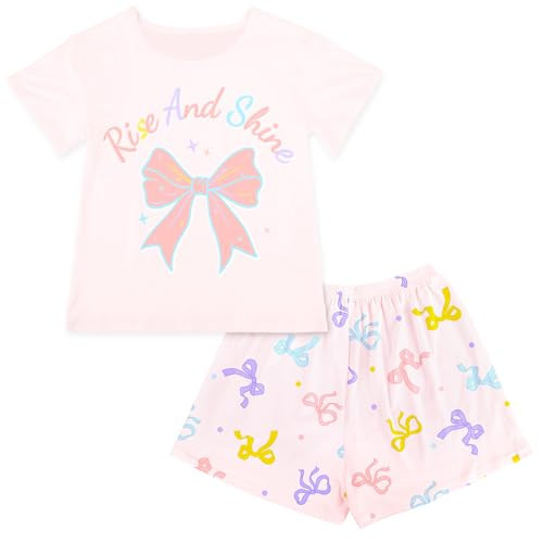 MHJY Girls Pajamas Short Sleeve Pajamas for Kids Soft Shirt & Shorts Girls Pajama Set Pink-white | Amazon (US)