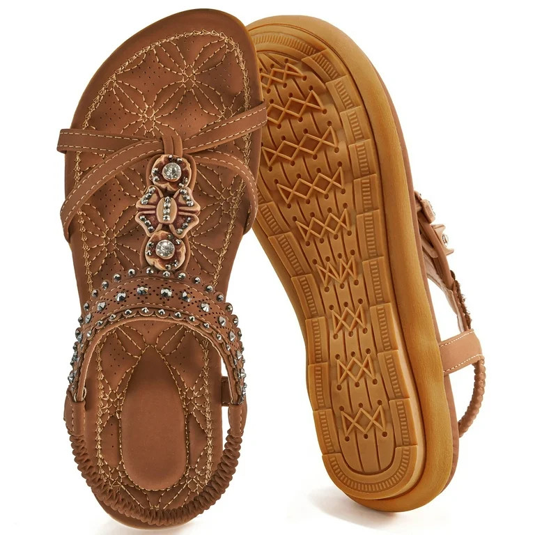 Ecetana Women Sandals Flats Sandals for Women Comfortable Elastic Ankle Strap Beach Shoes - Walma... | Walmart (US)