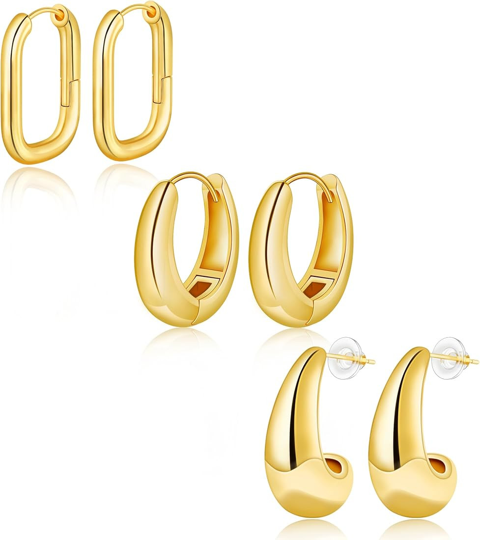 MOODEAR 3 Pairs Chunky Gold Hoop Earrings Sets for Women, 14k Gold Plated Sterling Sliver Post Hy... | Amazon (US)