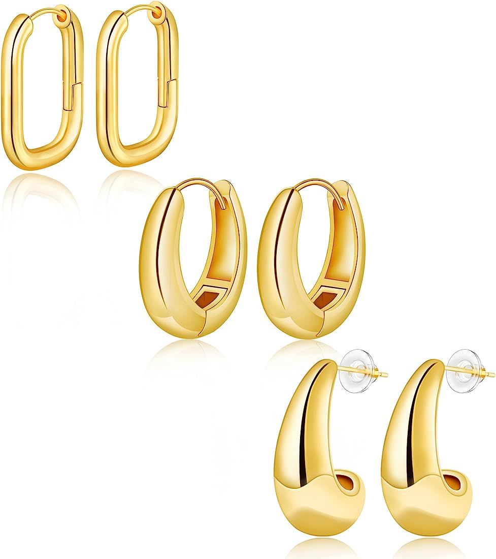 MOODEAR 3 Pairs Chunky Gold Hoop Earrings Sets for Women, 14k Gold Plated Sterling Sliver Post Hy... | Amazon (US)