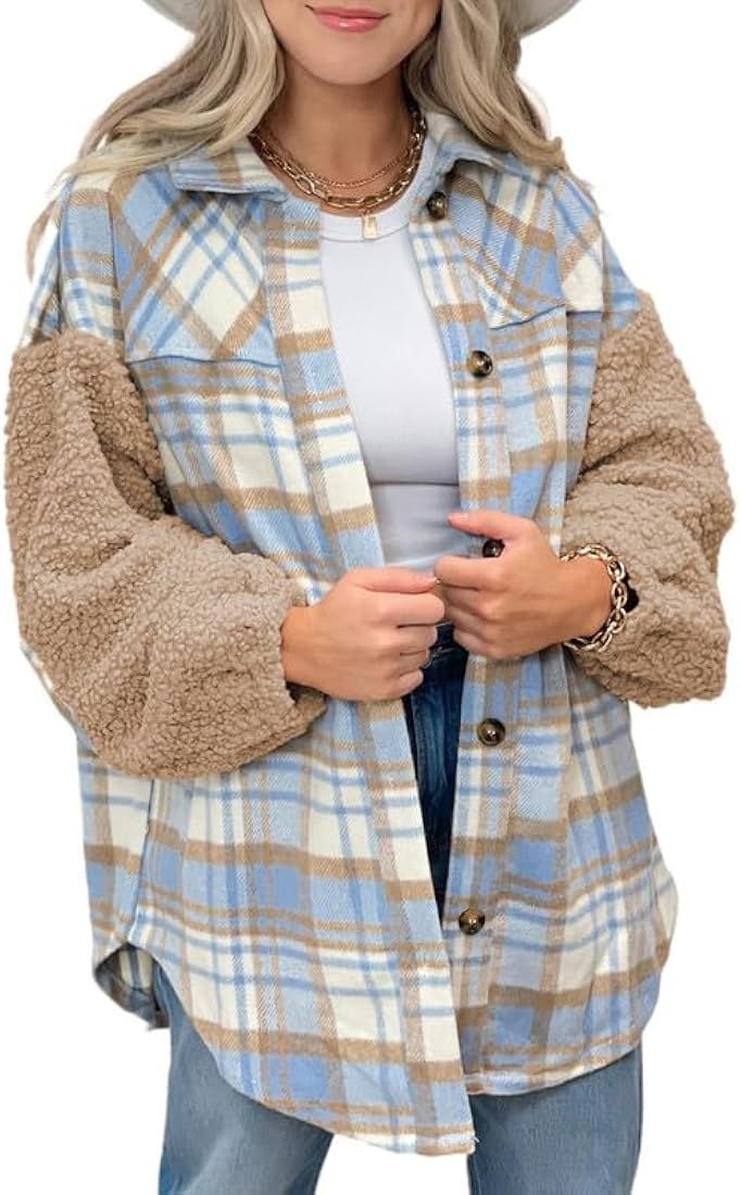 Women's Shacket Jacket Casual Frayed Plaid Long Sleeve Fuzzy Sherpa Button Down Jackets Coats wit... | Amazon (US)