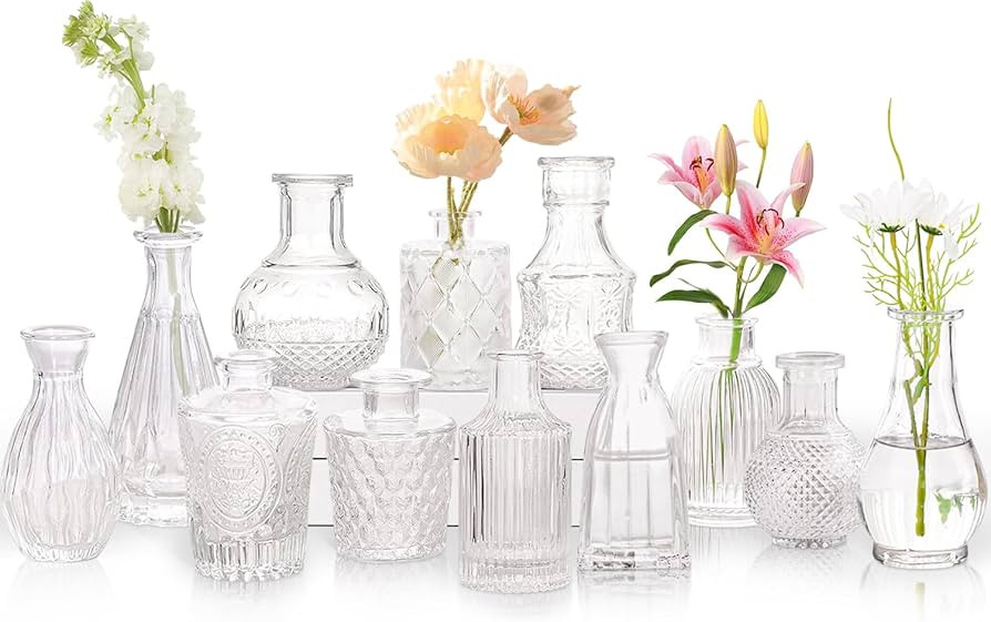 Glass Bud Vases Set of 12, Vintage Small Vases for Flowers, Clear Crystal Mini Glasses in Bulk, S... | Amazon (US)