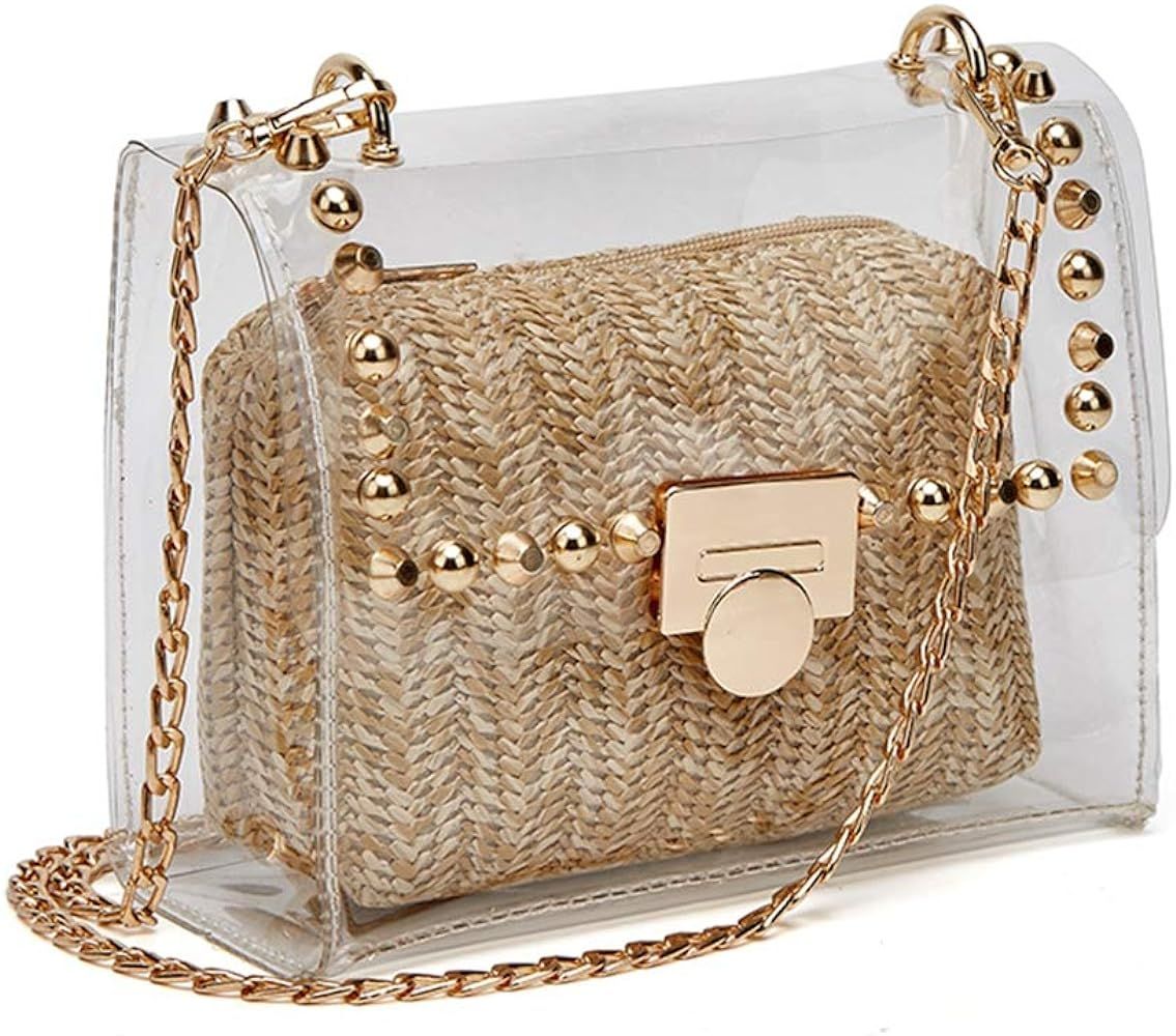 Clear Purse, 2 in 1 Transparent Shoulder Bag Set Fashion Rivet Chain Strap PVC Handbags for Women Cr | Amazon (US)