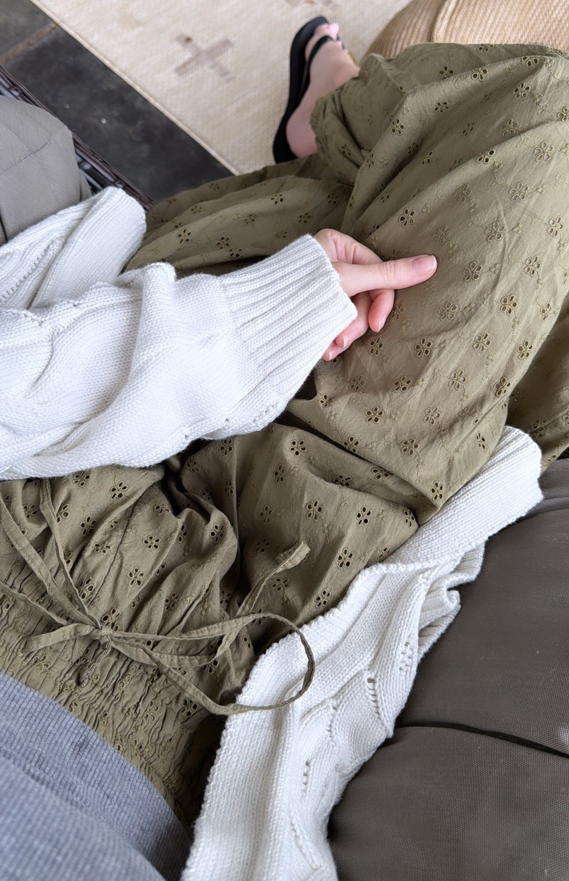 Olive green eyelet balloon pants outfit by BarbiGia. Casual weekend non sweatpants outfit idea

#LTKdayinmylife #LTKmomlife #LTKSaleAlert