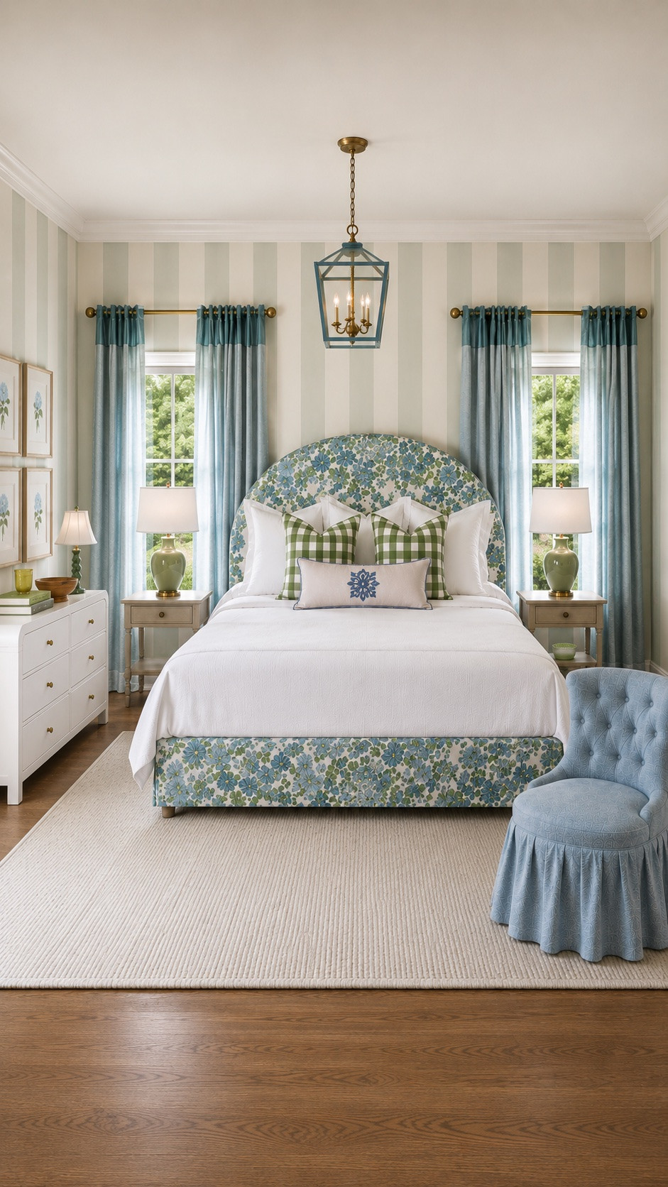 Preppy blue and green bedroom design!! Love theirs patterned bed frame with the striped wallpaper

#LTKdayinmylife #LTKHome #LTKSaleAlert