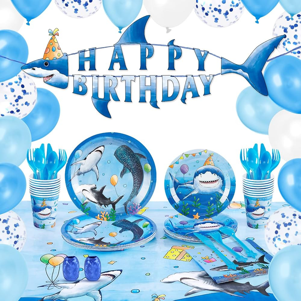 WERNNSAI Shark Party Supplies Set - 137 PCS Shark Birthday Party Decorations for Boys Blue Ocean ... | Amazon (US)
