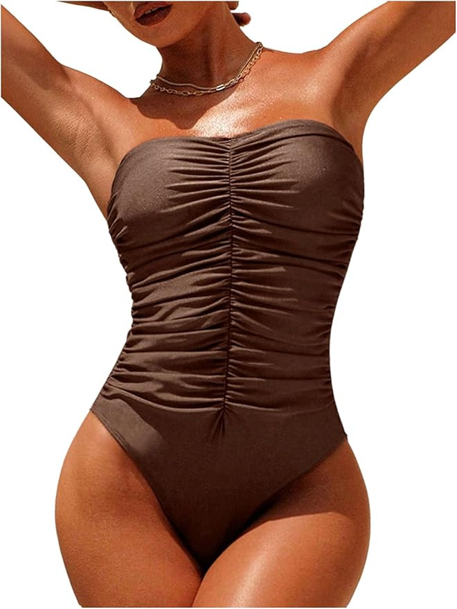 GORGLITTER Women's Strapless Ruched One Pieces Swimsuits Monokini Modest Tummy Control Bandeau Ba... | Amazon (US)