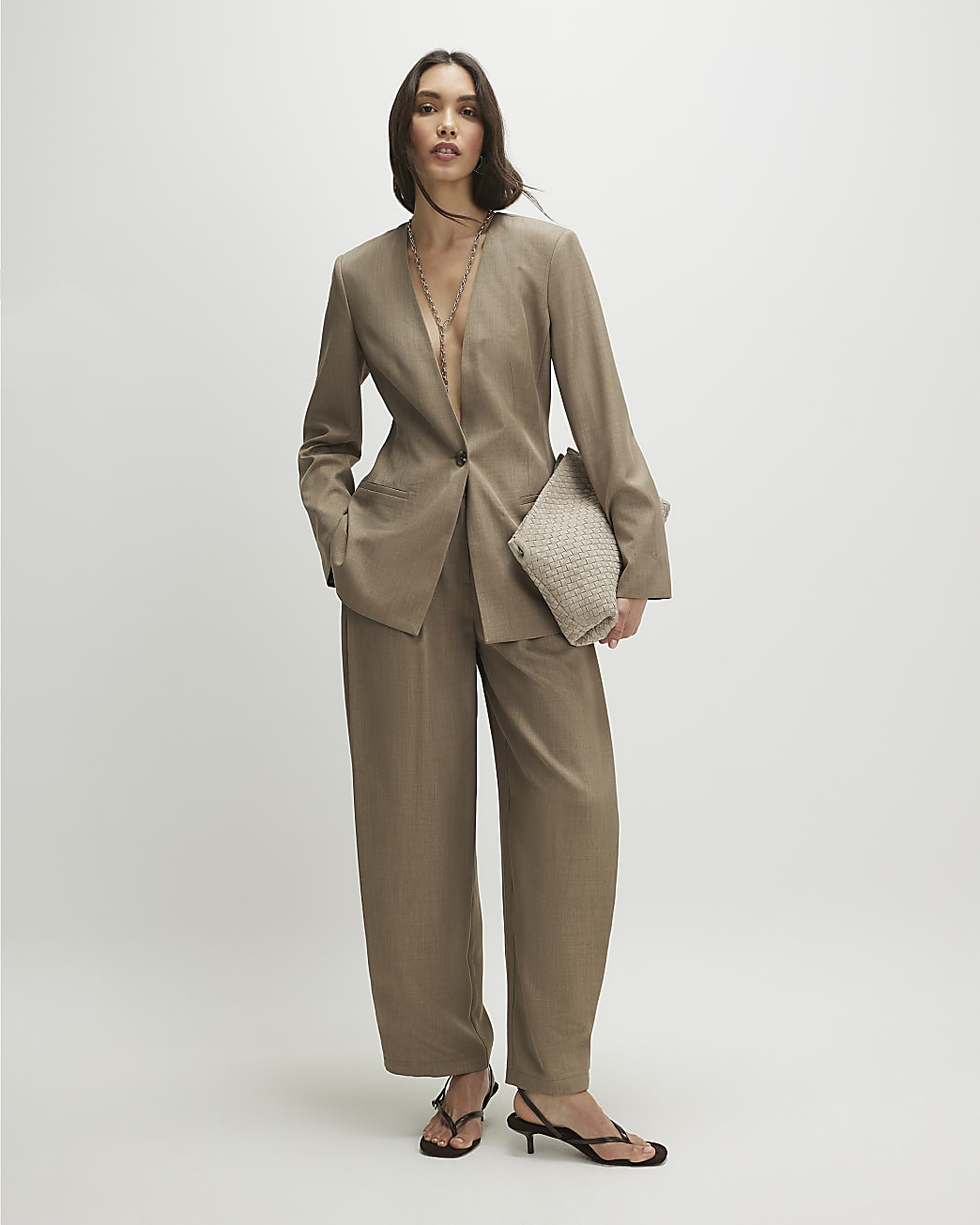 Beige Cross Hatch Barrel Trousers | River Island UK & IE