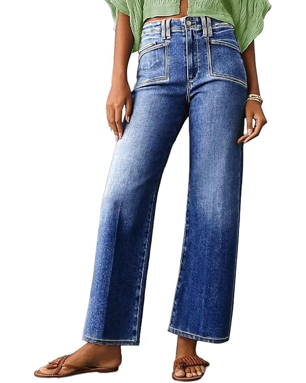 Astylish Womens Wide Leg Jeans High Waisted Stretchy Buttoned Denim Pants Trendy 2025 with Pocket | Amazon (US)