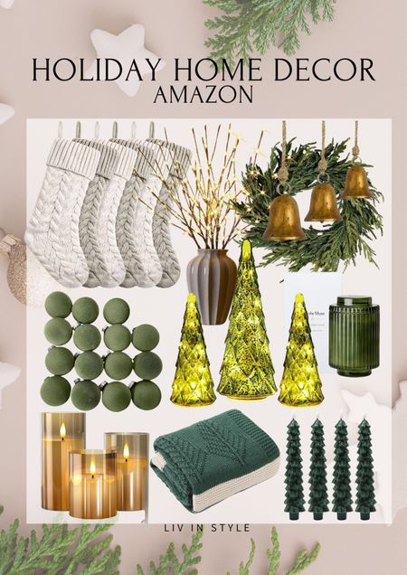 Amazon Holiday Home Decor - cozy theme with green and neutral accents. Candle, velvet ornaments, battery operated candles, cozy blanket, wreath and bells, twinkle light branch decorations, knit stockings 

#LTKHoliday #LTKSeasonal #LTKhome