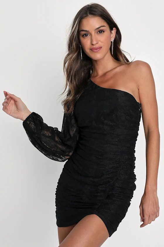 Mysterious Allure Black Lace One-Shoulder Long Sleeve Mini Dress | Lulus (US)