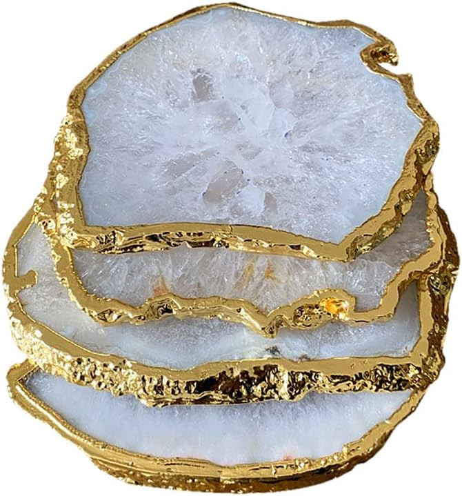 Natural Sliced White Agate Coasters for Drinks. Set of 4 Stone Geode Crystal Coasters with Plated... | Amazon (US)
