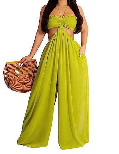 WOKANSE Women's Sexy Sleeveless Halter Jumpsuit Chest Wrap Wide Long Pants One Piece Rompers Green L | Amazon (US)