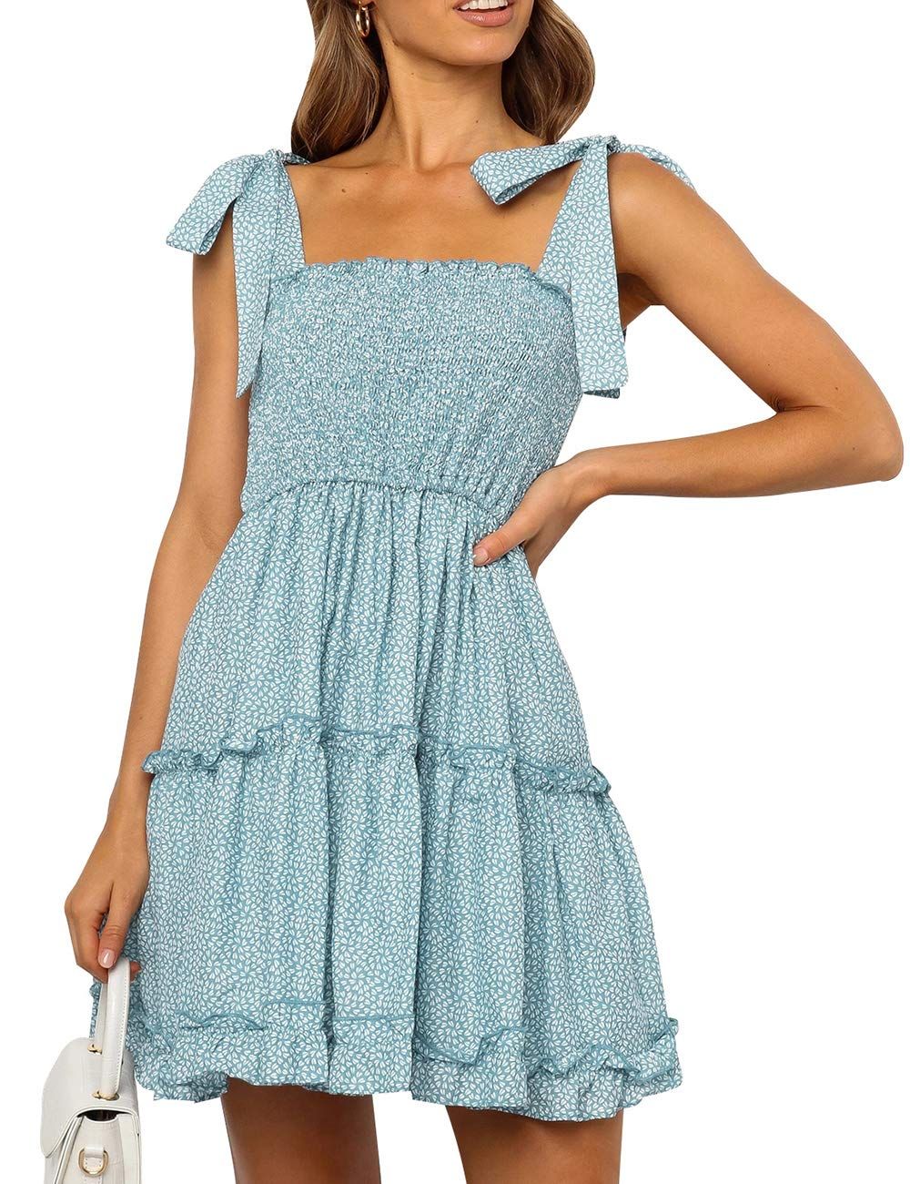 Romanstii Women's Mini Dress Strappy Backless Pleated Flare Ruffle Polka Dot Casual Beach Dresses | Amazon (US)