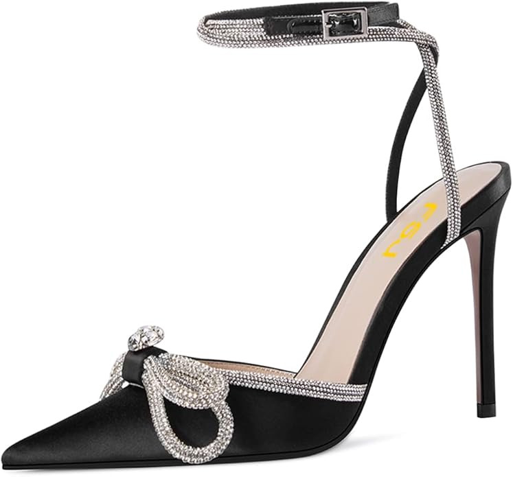 FSJ Women's Pointy Toe Stiletto High Heels Sandals Rhinestones Bowknot Ankle Strap Buckle Heeled ... | Amazon (US)