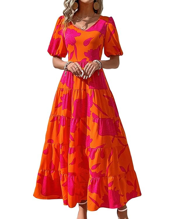 PRETTYGARDEN Womens Dresses 2024 Puff Sleeve Floral Casual Summer Dresses Smocked Backless Beach ... | Amazon (US)