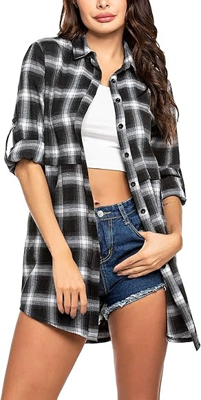 Hotouch Womens Flannel Plaid Shirts Roll Up Long Sleeve Pockets Mid-Long Casual Boyfriend Button ... | Amazon (CA)