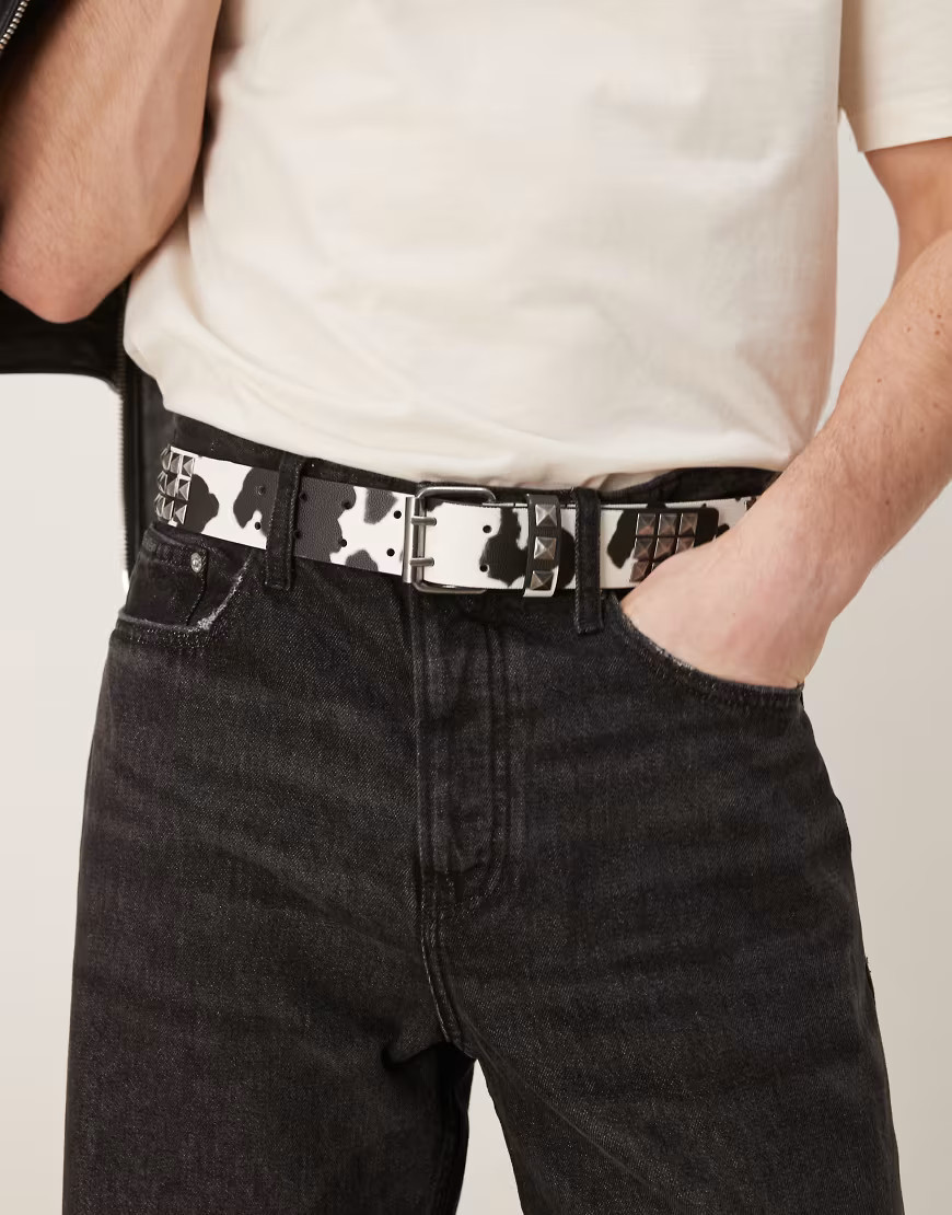 ASOS DESIGN cow print studded belt in faux leather-Black | ASOS (Global)