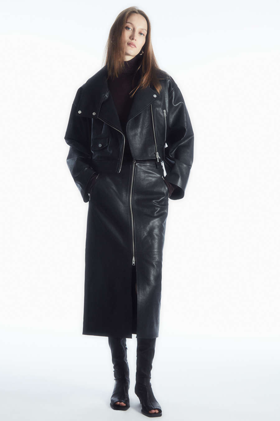 OVERSIZED CROPPED LEATHER BIKER JACKET - BLACK - COS | COS (EU)