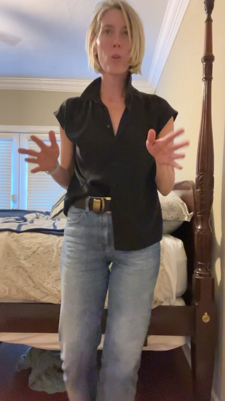 How to dress for work for women in management. Women over 40 work wear ideas  Friday Workwear outfit for business casual settings. What to wear to an office on casual Friday. How to wear denim to the work place. Button down and jeans for the office. 

Top is from Dillards and is a size small. Exact top is linked. 

Jeans are from Nordstrom : brand AG jeans size 29. These are the Saige wide leg crop. Exact pair are linked. 

Slides are from Nordstrom Rack. Brand is Steve Madden. 

Jewelry is from Target. Exact items linked. 

Belt is from Anthropologie. Exact style
Sold out but linked similar options. I am six feet tall and weigh 145. Bra size 36a  

#LTKFindsUnder100 #LTKxNSale #LTKWorkwear

#LTKSummerSales #LTKOver40 #LTKStyleTip