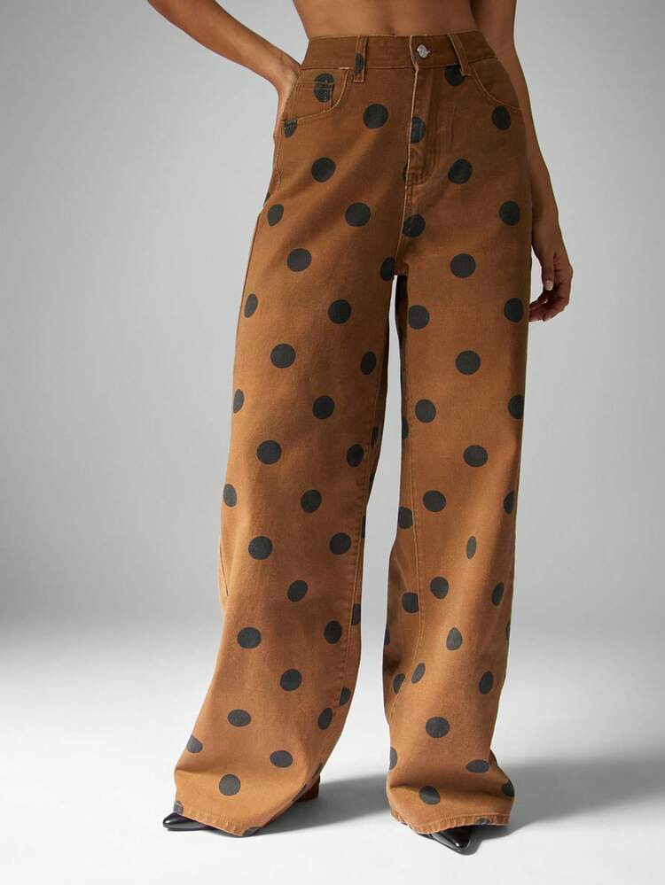 MISSGUIDED Cotton Wide Leg Polka Dot Jeans High Waisted Retro Style Palazzo Pants Casual Statement Bottom Autumn Winter Fashion Y2K Print Design | SHEIN