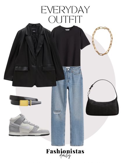 Casual outfit inspiration 🔥 Leather blazer, black t-shirt, ripped straight jeans, Nike dunk, leather belt, small bag, gold chain necklace 

#LTKfit #LTKeurope #LTKstyletip