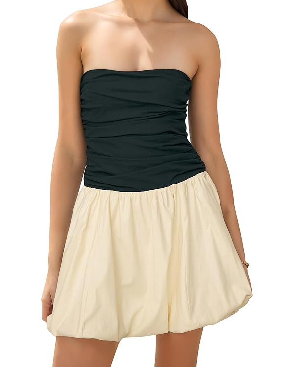Womens Ruched Strapless Mini Dress Flare Slim Fit Back Smocked A Line Casual Flowy Short Tube Top... | Amazon (US)