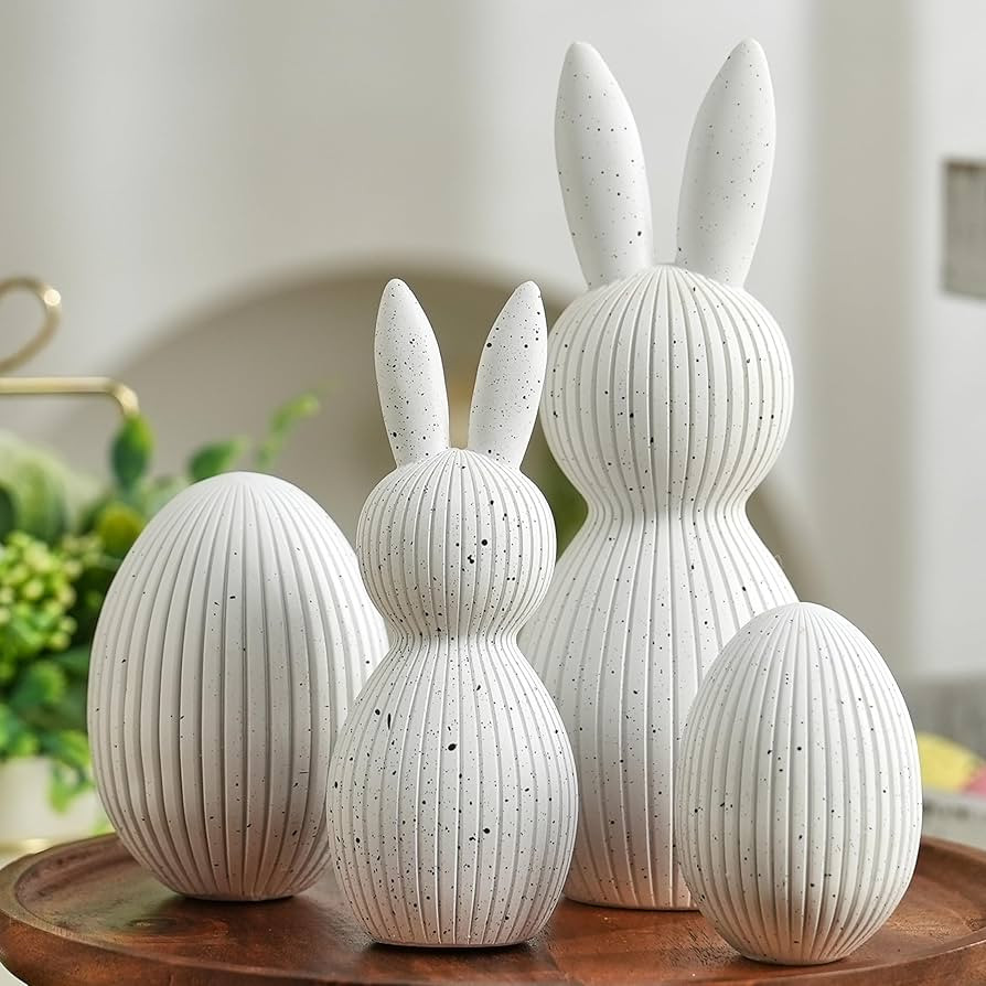 White Bunny and Egg Figurine Set for Modern Easter Decor, 4Pcs Resin Easter Rabbit and Egg Statue... | Amazon (US)