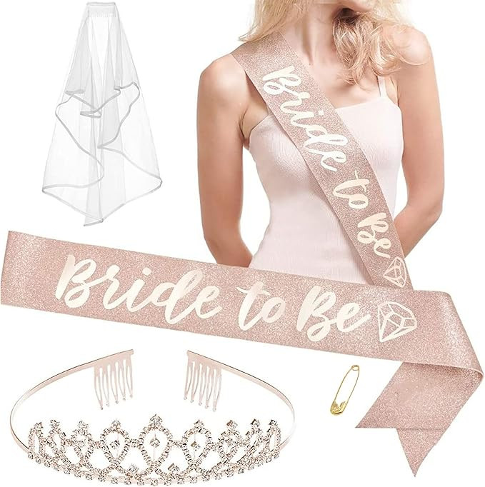 'Bride to Be' Bachelorette Party Decorations Kit | Rose Gold Glitter Sash,Veil , Rhinestone Tiara... | Amazon (US)