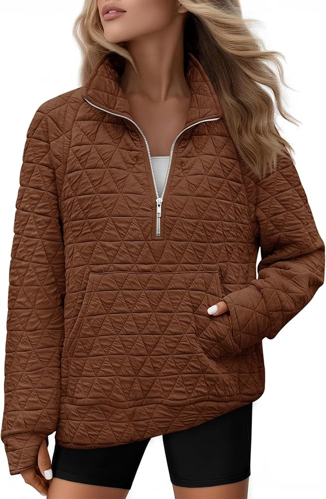 Womens Long Sleeve Quarter Zip Pullover Quilted Sweatshirt Casual Loose V Neck Collared Thumb Hol... | Amazon (US)