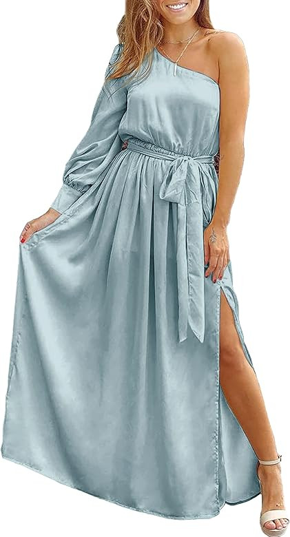 KIRUNDO Women's Satin Long Sleeve One Shoulder Maxi Dress Asymmetrical Belted Tie Waist Split Party  | Amazon (US)