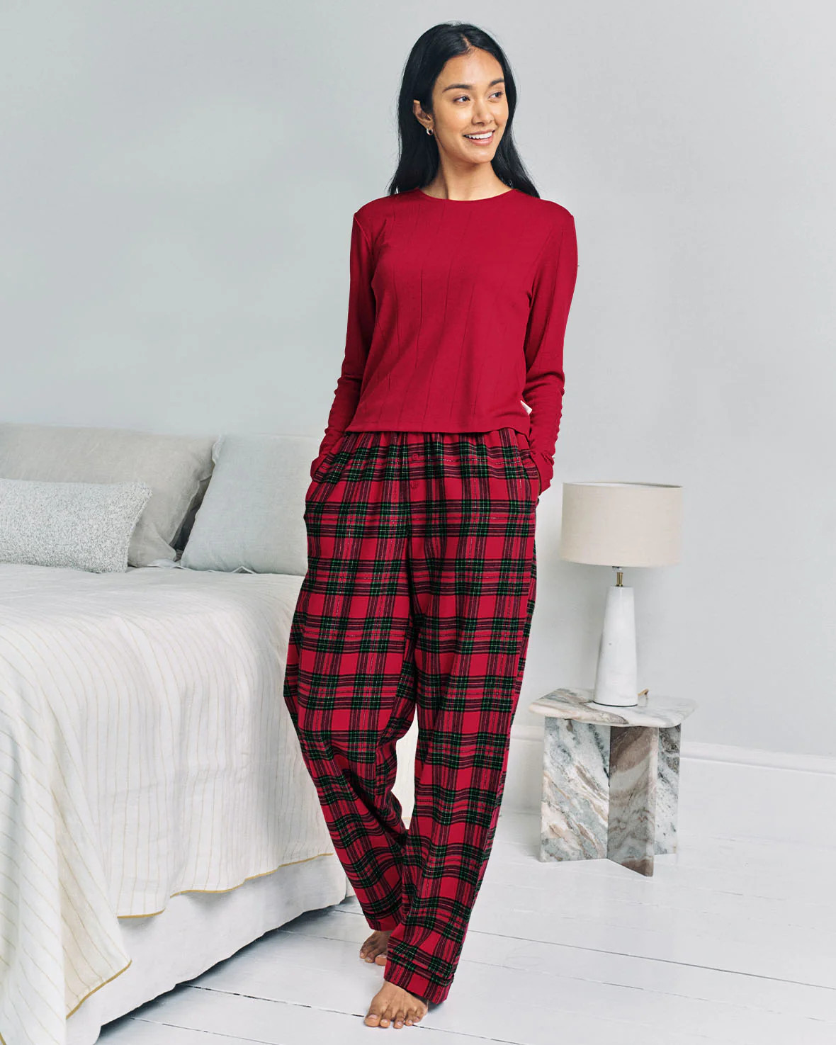 Pointelle & Organic Cotton Tartan Check Henley Long Pyjama Set | Chelsea Peers NYC