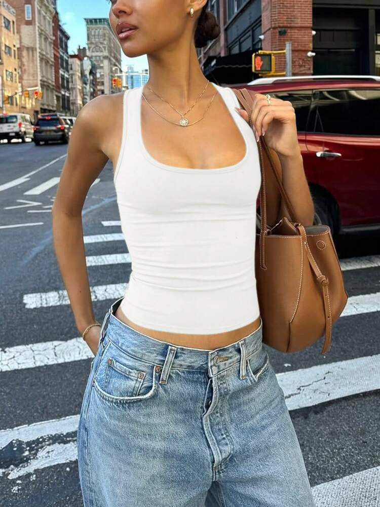 Women Casual Solid Slim Spring Summer Streetwear Daily Vacation Sexy Tank Crop Top White, Y2K Aes... | SHEIN
