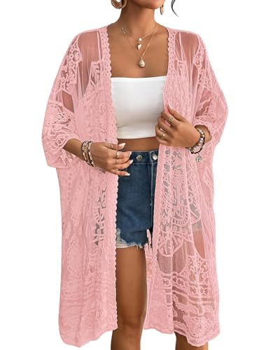 Bsubseach Lace Kimonos for Women 2026 Swim Cover Up Summer Beach Coverup Open Front Sheer Kimono Cardigan Pink | Amazon (US)