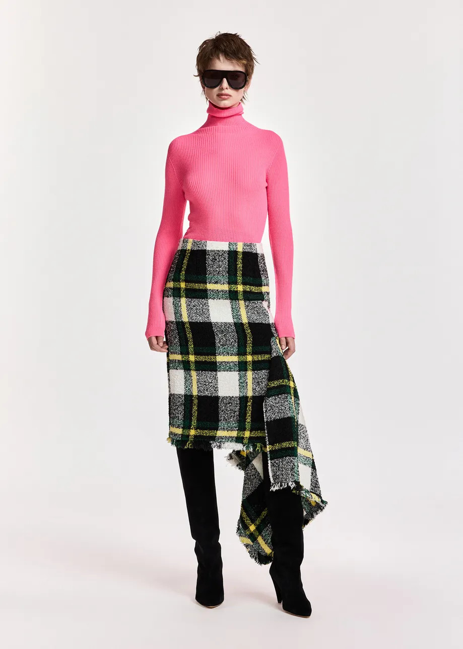 Black, off-white and yellow checked draped pencil midi skirt | Essentiel Antwerp United Kingdom | Essentiel Antwerp